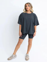 Karlie Solid Ribbed Crew Knit Tunic - Dark Grey