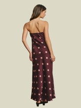 Dotted Darling Satin Strapless Maxi Dress - Plum