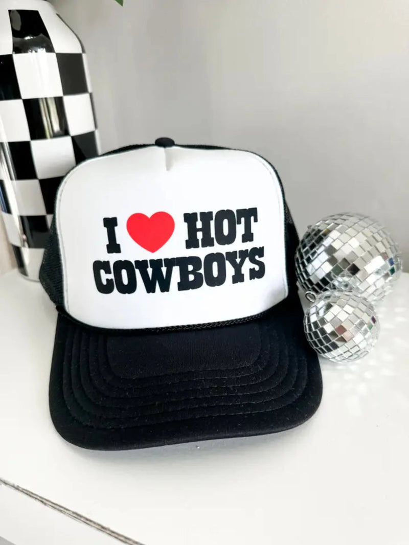 I Love Hot Cowboys Trucker Hat  - Black & White