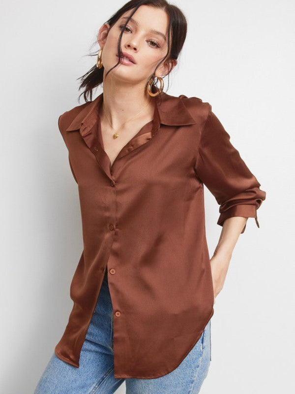 Satin Button Down Long Sleeve Blouse - Chocolate