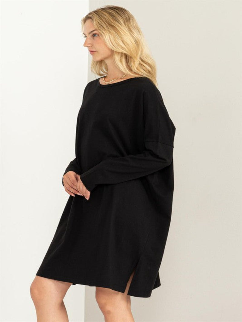 Warm Embrace Oversized Side Slit Dress - Black