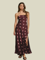 Dotted Darling Satin Strapless Maxi Dress - Plum
