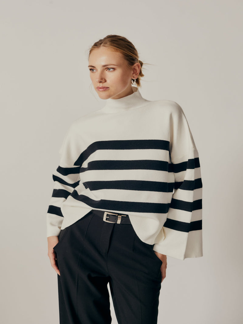 Deluc Clivia Stripped Turtleneck Sweater - Ecru/Black