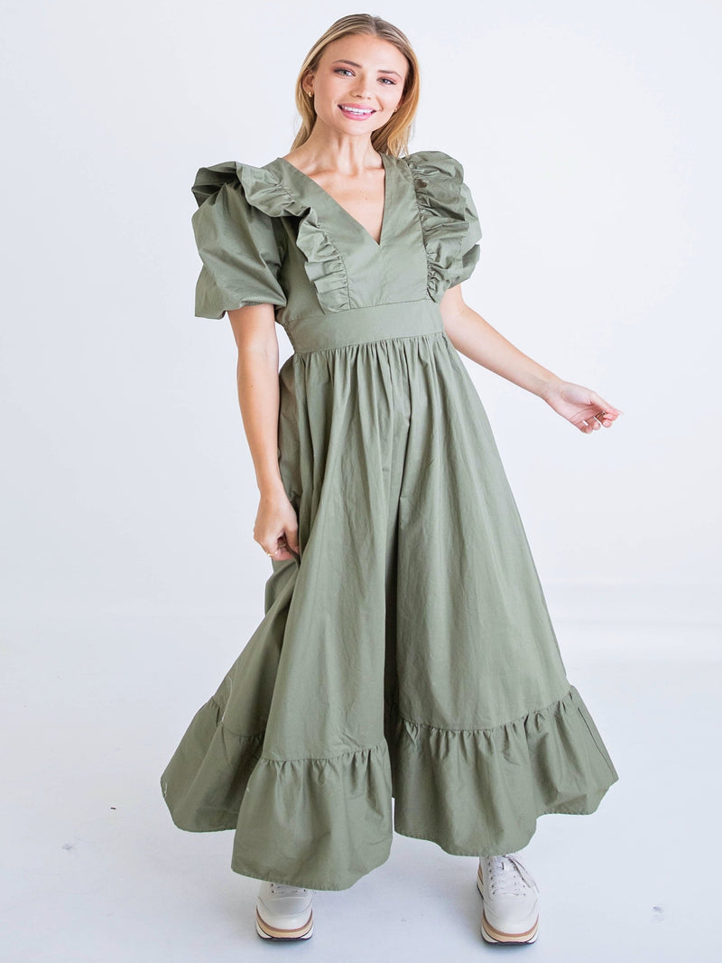 Karlie Solid Poplin Ruffle Sleeve Maxi Dress - Olive