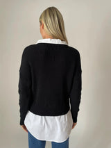 Six/Fifty Eleanor Mixed Media V Neck Sweater - Black