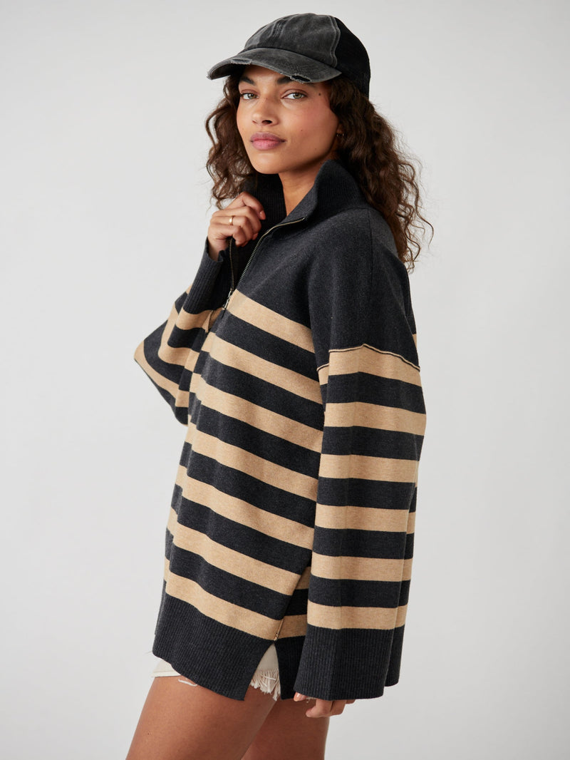 Free People Coastal Stripe Pullover - Carbon Camel Combo