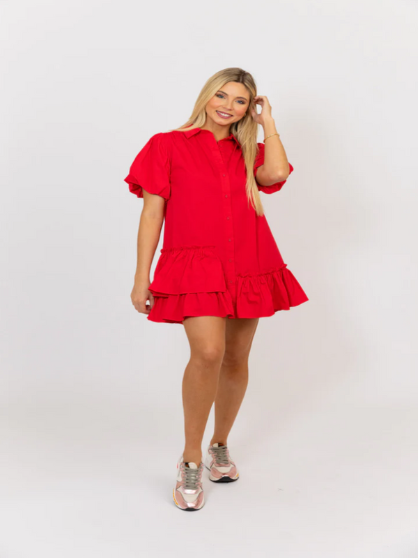 Karlie Poplin Ruffle Bottom Dress - Red