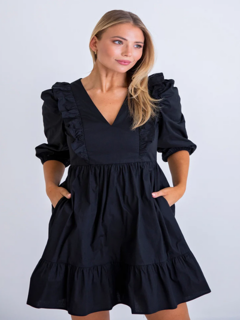 Karlie Solid Poplin Ruffle Tier Dress - Black