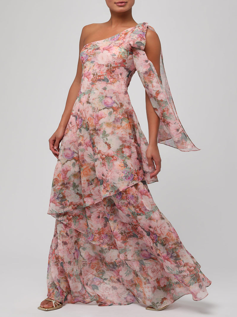 Lulus Amara One Shoulder Tiered Maxi Dress - Pink Floral