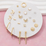 Full Display Pad Studs And Hoops Earrings Set - Gold
