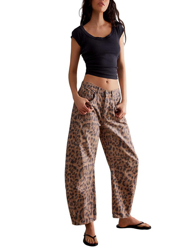 Free People Good Luck Printed Barrel Jeans - Brown Sugar Combo