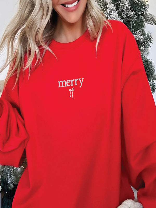 Embroidered Christmas Merry Bow Crewneck - Red