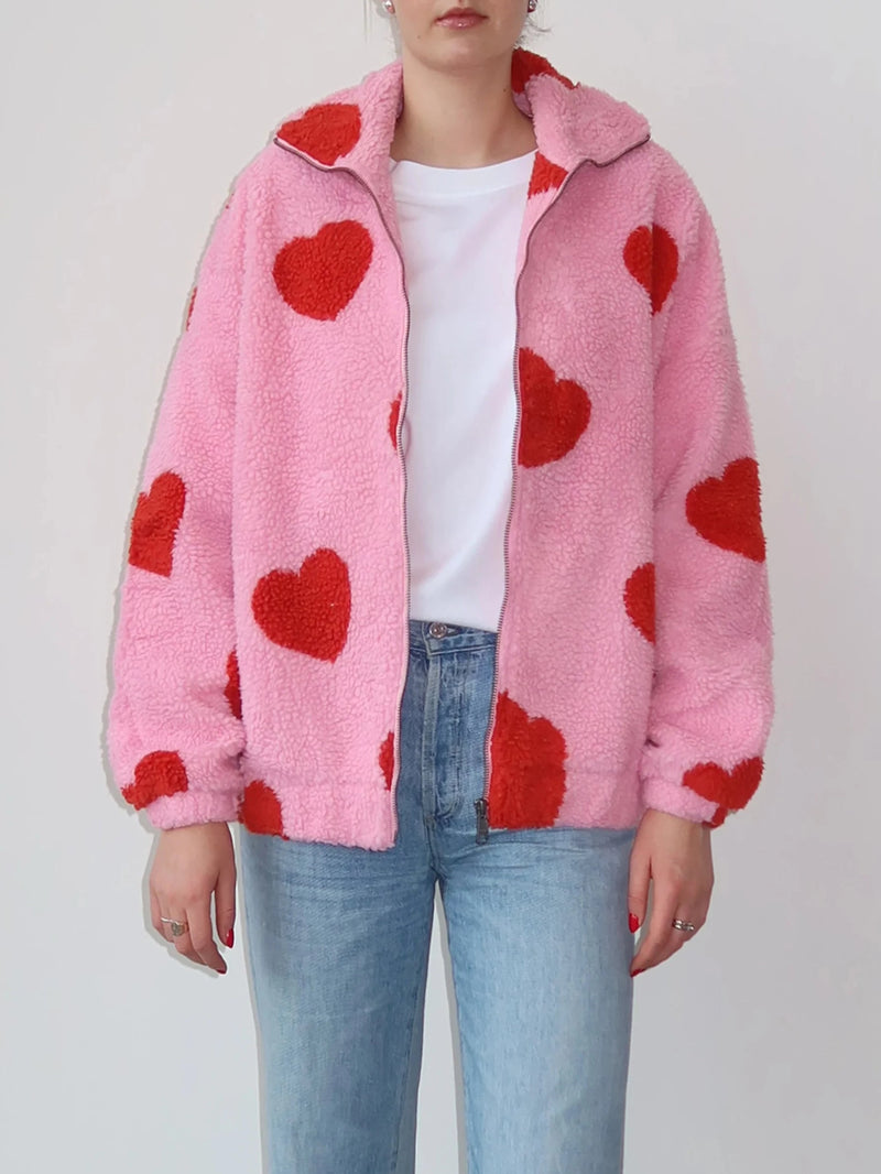 Brunette The Label "ALL OVER HEART" Sherpa Jacket  - Pink/Red