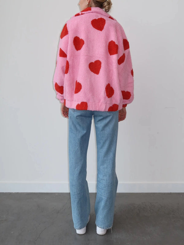 Brunette The Label "ALL OVER HEART" Sherpa Jacket  - Pink/Red