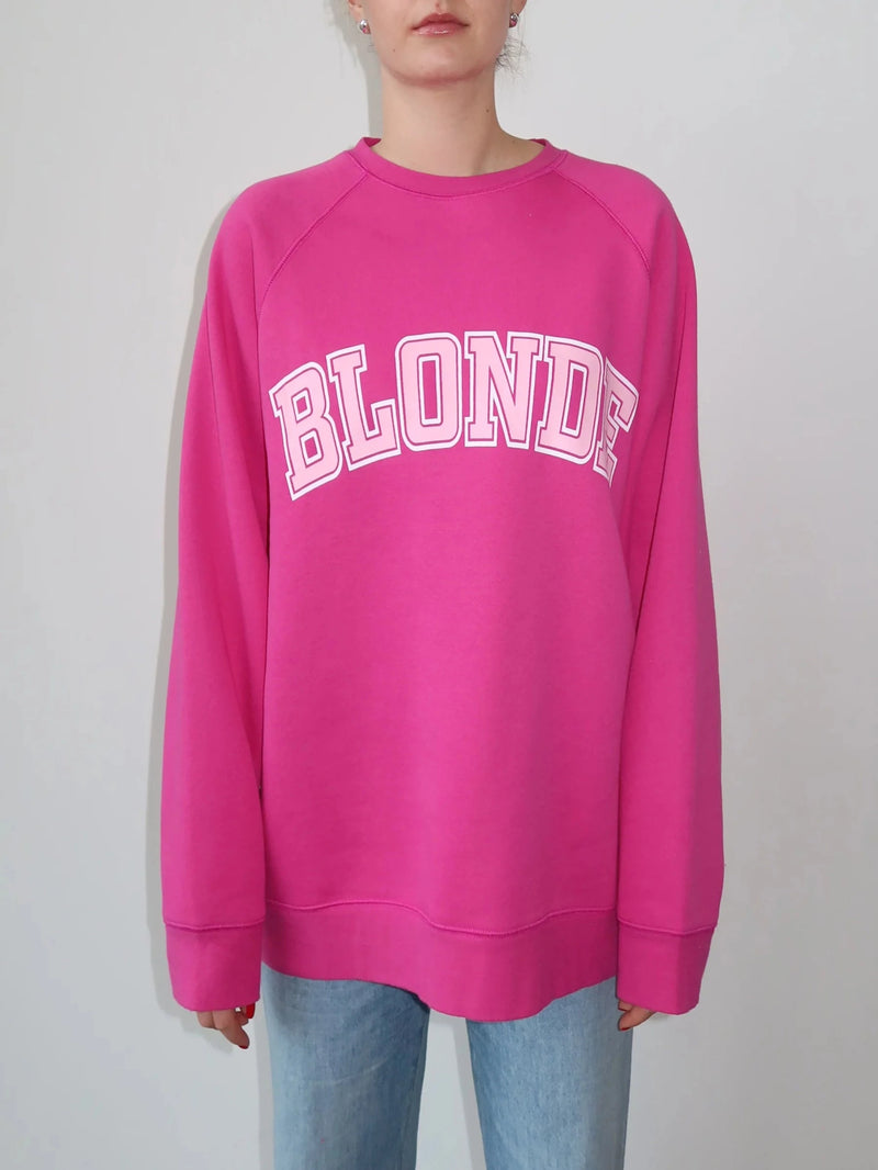 Brunette The Label "BLONDE" Not Your Boyfriend's Varsity Crew Neck Sweatshirt - Fuchsia & Baby Pink