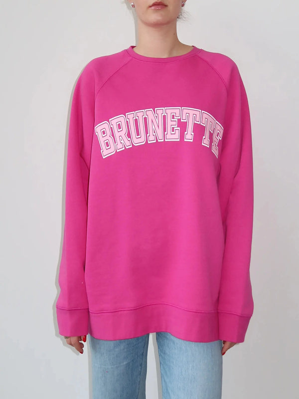 Brunette The Label "Brunette" Not Your Boyfriend's Varsity Crew Neck Sweatshirt - Fuchsia & Baby Pink