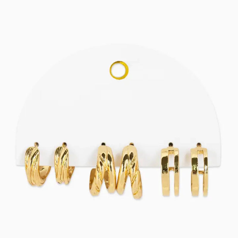 Textured Double Huggie Hoop Earring Set - Gold