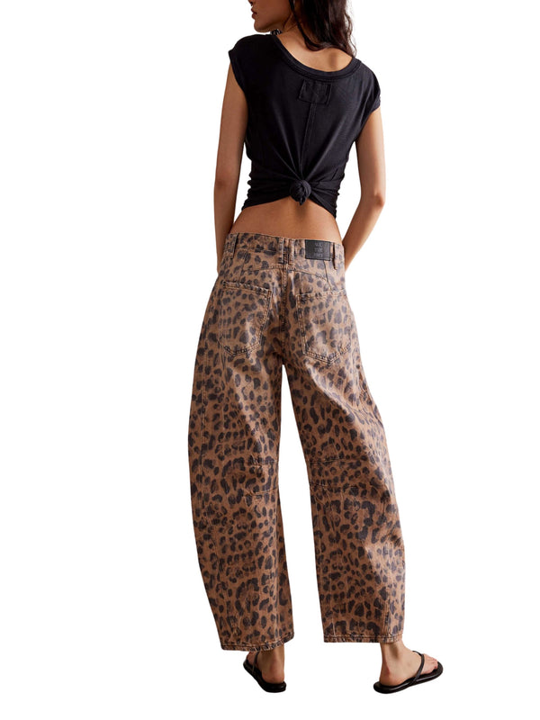 Free People Good Luck Printed Barrel Jeans - Brown Sugar Combo