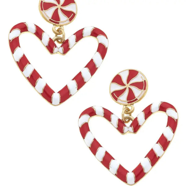 Candy Cane Heart Enamel Drop Earrings - Red/White