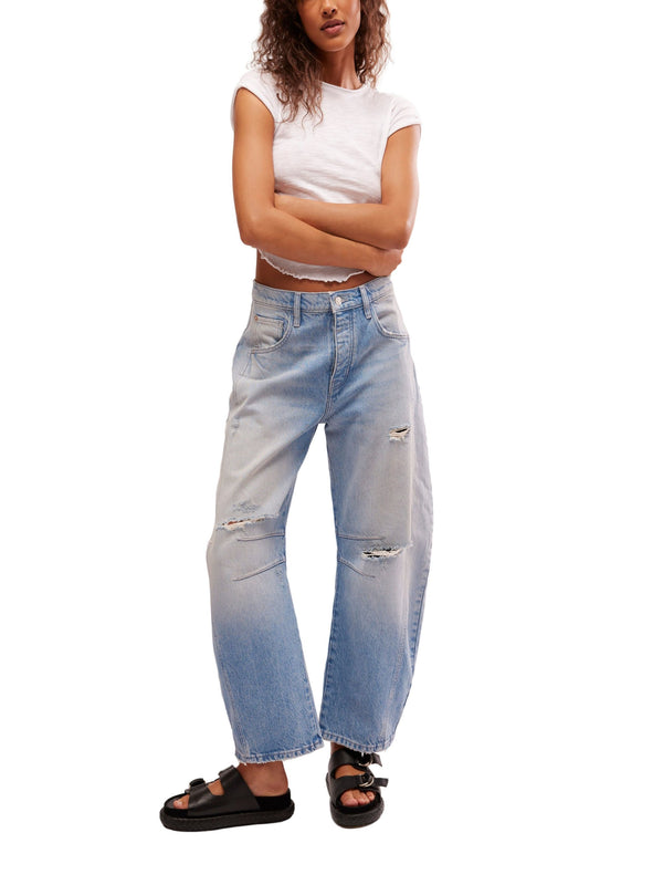 Free People Good Luck Mid Rise Barrel Jeans - Barnyard Blue