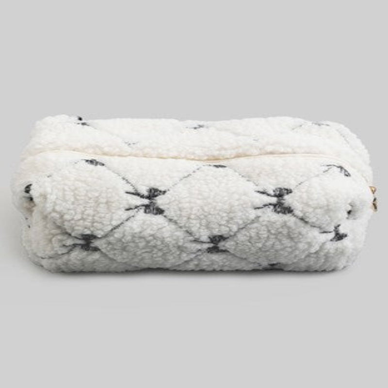 Quilted Shearling Bow Makeup Pouch - Black/White