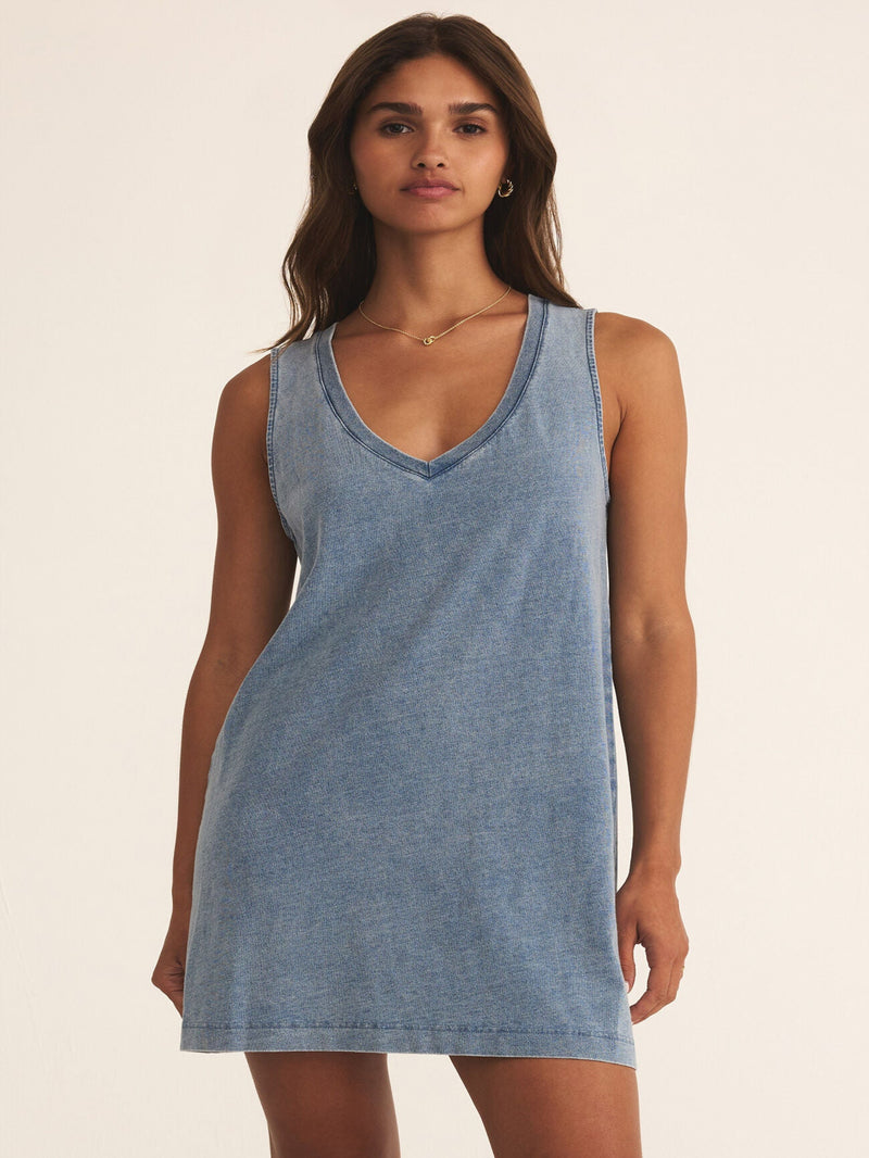 Z Supply Sloane V - Neck Knit Denim Dress - Medium Indigo