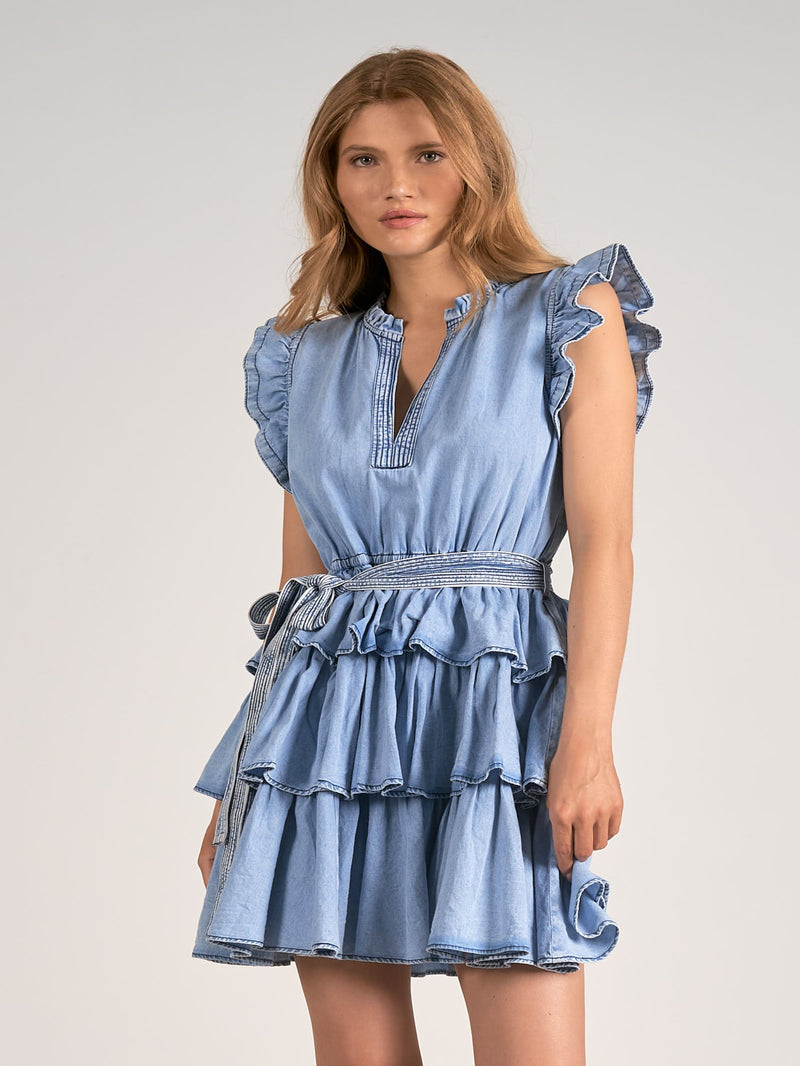 Elan Sleeveless Tiered Ruffle Dress - Blue Wash