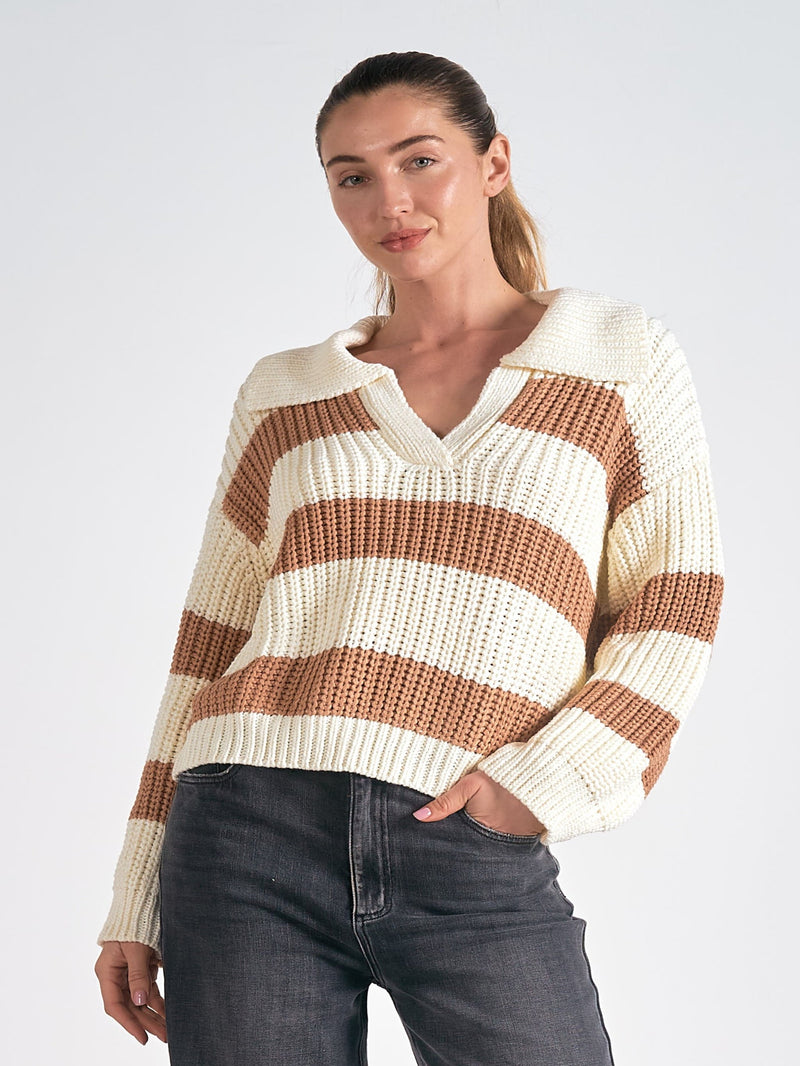 Elan Oversized V Neck Sweater - Camel White