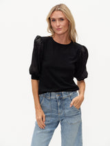 Six/Fifty Mixed Media Satin Top - Black