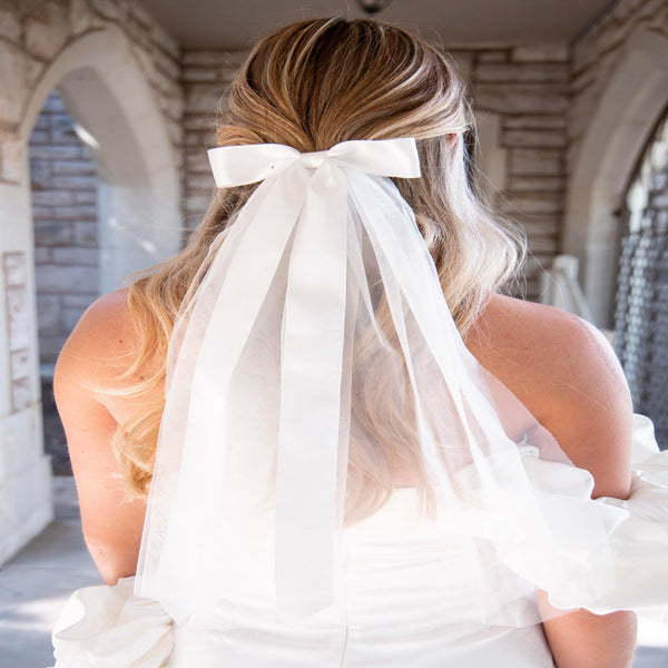 Bachelorette Bridal Bow Veil Hair Clip - White
