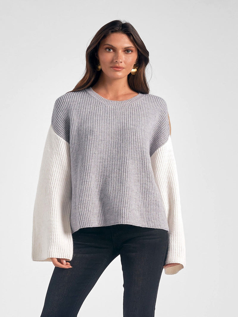 Elan Crewneck Color Block Sweater - Grey
