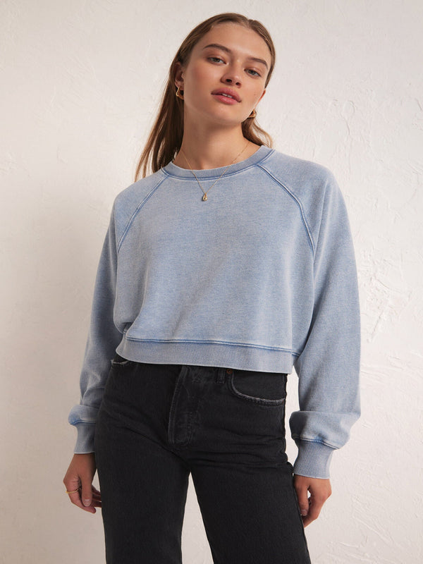 Z Supply Crop Out Knit Denim Sweatshirt - Washed Indigo